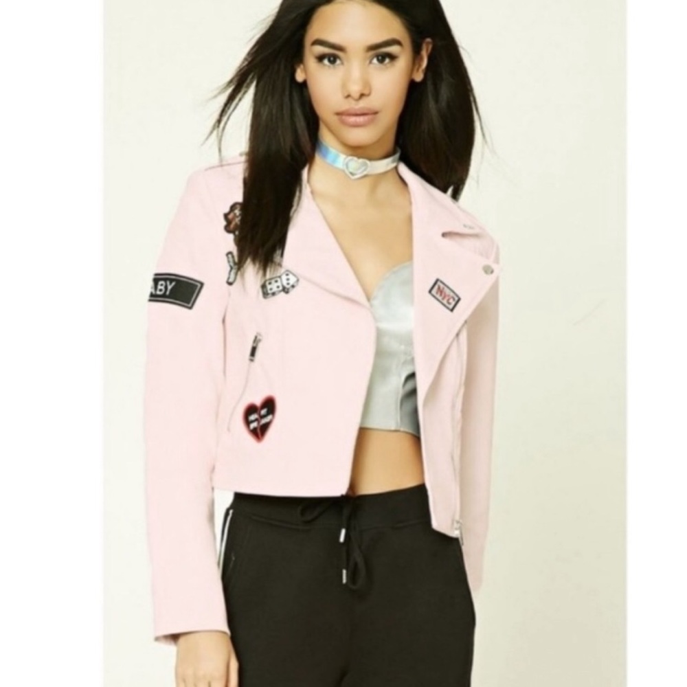 Forever 21 baby pink faux leather jacket with patches cropped moto size Small